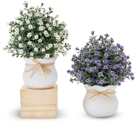 Fuxdre Kleine künstliche Pflanzen, 2 Stück, künstliche Topfpflanze für Innendekoration, künstliche Blumen für Regaldekoration und Badezimmerpflanzen, Dekoration, Wohnzimmertisch und Bürotisch (lila