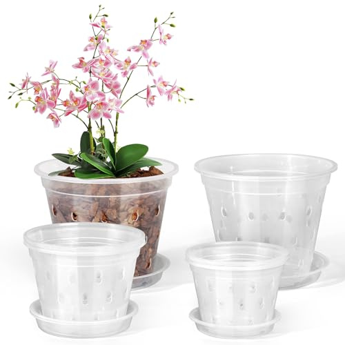 FUIJOL Orchideentopf, 6 Stück, 10,2 cm, 12,7 cm, 15,2 cm, 17,8 cm, transparente Orchideentöpfe mit Löchern und Untersetzern zum Umtopfen, atmungsaktive geschlitzte Kunststoff-Orchideen-Pflanzgefäße