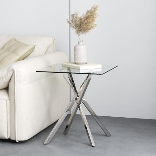 GOLDFAN Mesa auxiliar pequeña de cristal con patas cromadas para sala de estar, mesa auxiliar cuadrada moderna y contemporánea para dormitorio (patas de vidrio y cromadas)