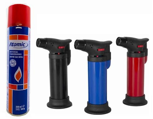 DISPAU 3 Mini Sopletes para Cocina Flambeador de Gas con Llama Ajustable Perfecto para Caramelizar, Crema Catalana y Barbacoas ¡Con 1 Botella Gas Rellenables con 5 Adaptadore Gratis!