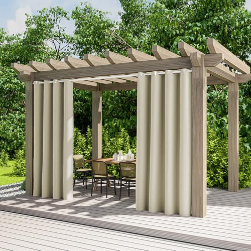 Hiseng 2 Stück Outdoor Vorhänge Wasserdicht Verdunkelungsvorhang mit Ösen, Outdoorvorhänge Wetterfest Sichtschutz Sonnenschutz Blickdicht Vorhang für Pavillon Terrasse (132x182cm,Creme)