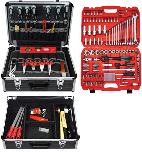 FAMEX 440-23 Werkzeugkoffer gefüllt mit Werkzeug Set und Steckschlüsselsatz - ERWEITERBAR - Werkzeugkasten in Profi Qualität, abschließbar, Kapazität 24kg