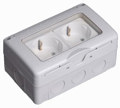 Doppelter Schuko-Boden wasserdicht Aufputz 2P+T 10-16A/250V IP55 mit Kunststoffdeckel Ideal für Innen- und Außeninstallationen, witterungsbeständig