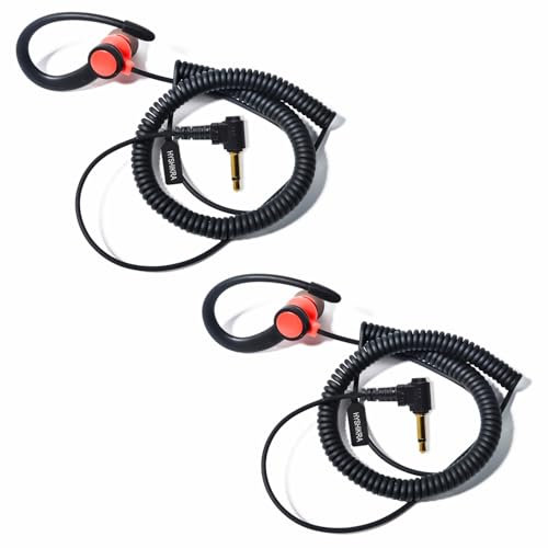 HYSHIKRA On Ear Headset 3.5mm Jack Single Ear Reception Only Walkie Talkie Headphones Compatible with Motorola Sepura Rexon Wouxun Kenwood Baofeng Quansheng handheld radios (RED G Shape 2 PACK)