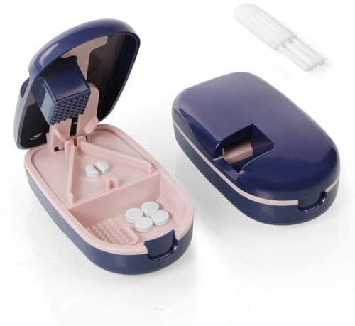 AOGOE Small Pill Tablet Cutter, Portable Pill Splitter for Small and Large Pills Cut in Half Quarter, Grinding & Cutting & Storage 3 in 1 Tablet Pill Dispenser with Brush for Elderly, Child, Dog, Cat