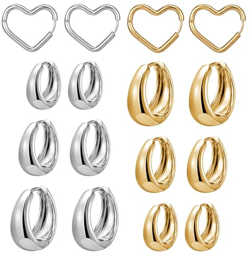 JSTHHTT 8 Paia Orecchini Cerchio Donna, Orecchini Cerchio Argento Per Donna, Placcato Oro Orecchini, Orecchini A Forma Di Cuore, Ipoallergenici, Orecchini A Cerchio In Oro Spesso, Per Donne E Ragazze