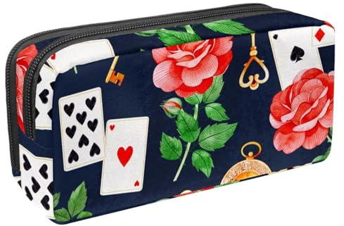 VAPOKF Federmäppchen, Federmäppchen, Schüler-Schreibwaren-Tasche für Teenager, Jungen, Mädchen, Schule, Bürobedarf – rote Rosen, goldene Schlüssel, Spielkarten, multi, 2.3x8.2x3.9in/6x21x10cm,