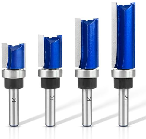 NICAVKIT - Lot de 4 fraises à affleurer avec tige de 8 mm, longueur de travail 20/25/38/50 mm - Fraise à copier - Fraise pour les bords avec roulement à billes - Ensemble de fraises à affleurer