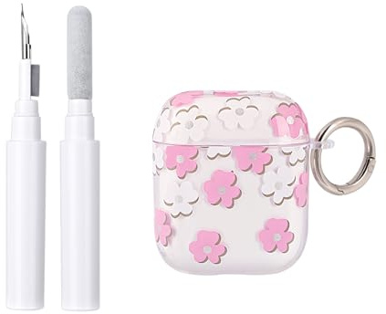 Reownest Cover per AirPods 2ª/1ª Generazione con Kit di Pulizia, Carina con Stampa Floreale Trasparente Motivo Estetico a Fiori, Custodia Morbida Antiurto con Portachiavi per AirPods 2/1 -Rosa