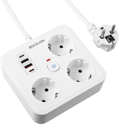 BOCHLION Regletas Enchufes con USB, 3 Toma de Corriente y 4 USB Puertos (PD 20W & QC 3.0), Enchufe Multiple Proteccion Sobretension con Interruptor, Regleta Pared y Cable 1.8 m, Blanco