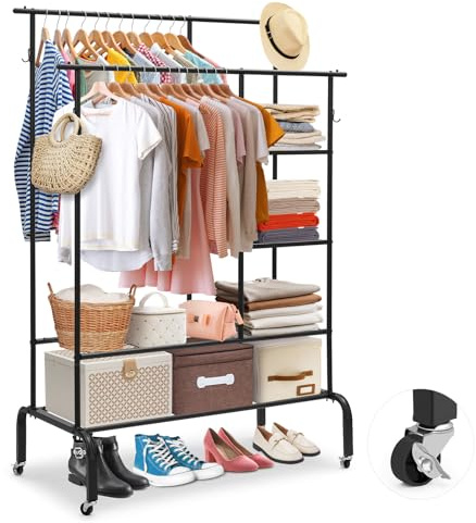 Aptliton Heavy Duty Clothes Rail Black Metal Clothing Rack With Double Hanging Clothing Rail Shoe Racks Storage Shelves 4 Lateral Hooks & Lockable Castors, Clothes Rails For Bedroom Office Shop