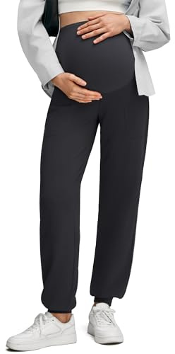 G4Free Maternity Sweatpants with Pockets Over The Belly Comfy Cinch Bottom Pregnancy Joggers for Yoga Casual(Black,L,Regular)