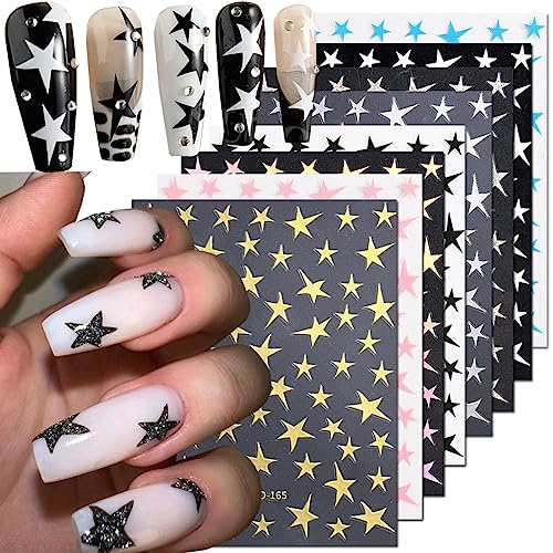 CHarmeFleur 8 Hojas Estrella Diseño de Uñas Calcomanías Transferibles Accesorios para Diseño de Uñas 3D Brillante Luz Estelar Pentagrama Irregular Negro Blanco Rosa Láser