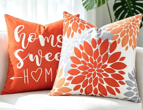 Kissenbezug 40 x 40 Orange und Grau, Sofa Kissen Bezüge Weichem Kurzflor Weich, 2er Set Kissenhülle Dekokissen Couchkissen Boho Aesthetic Geometrisch Blumen für Couch Outdoor Bank Bett Wohnzimmer