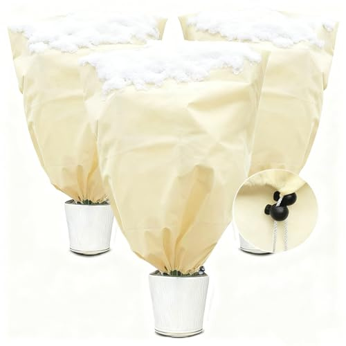MYOWELL 3 Stück Winterschutz für Pflanzen - 60x80cm Frostschutz Kübelpflanzensack, Lichtdurchlässig und Atmungsaktiv für Palmen, Olivenbaum, Obstbäume (Beige, mit Zugband