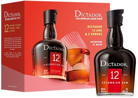 DICTADOR - 12 ans Coffret 2 verres - Rhum - Origine : Colombie - 40% Alcool - Notes de vanille & épices - A déguster pur - 70cl