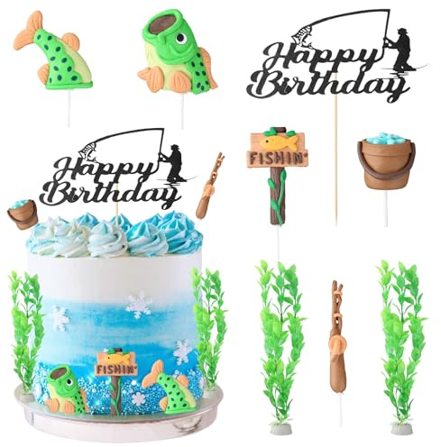 Wasise Fishing Cake Decorations - 8PCS Fishing Birthday Decorations with Gone Fishing Topper, Mini Fishing Rod and Aquatic Plants,Birthday Cake Decor for Theme Party Retirement Celebrations Supplies