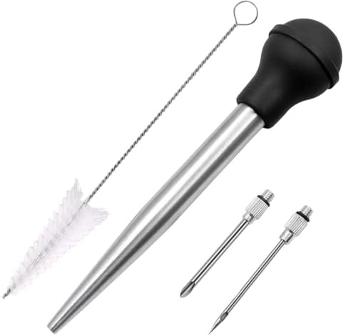 Hbbgdiy 1 set kalkon baster rostfritt stål spruta med silikonpumphuvud inkluderar avtagbara nålar och rengöringsborste köttinjektor för kalkon kyckling BBQ matlagning köksverktyg