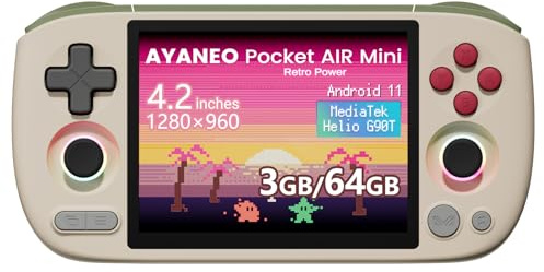 AKNES AYANEO Pocket AIR Mini Consola, 3GB+64GB (Retro Power) | Pantalla HD 4,2 500 Nits (1280x960 LCD, 60Hz), Sistema Android 11 con Helio G90T, Joystick y Gatillo Hall