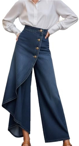 Damen Jeans Schwarz Baggy Asymmetrisch Saum Jeanshose Stretch Weites Bein Wickelhose xs Elegant Palazzo High Waist Straight Hose Lang Denim Pants Marlenehose Rüschen Hosen Casual Kurzgrößen Damenjeans