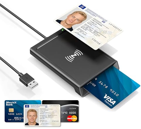 Kartenlesegerät Personalausweis mit NFC – USB-A NFC & Chipkartenleser für Bankkarten & CAC/DOD Militär, Smartcard Reader kompatibel mit Windows/Linux/Android/Mac/PC Laptop, 95 cm Kabel
