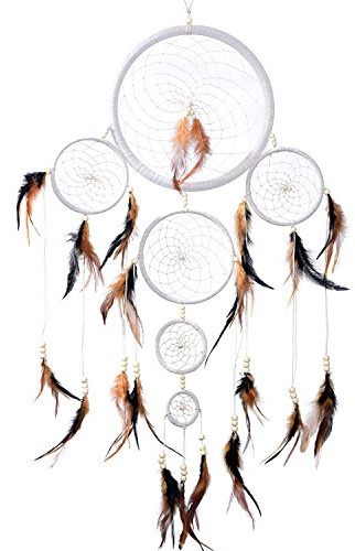 Atrapasueños Dreamcatcher Grande XXL para sueños Buenos con Perlas y Plumas Naturales Blanco - Ø 28 cm