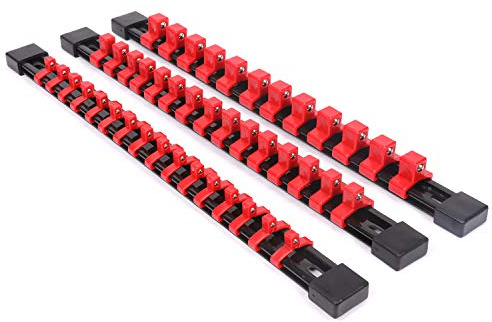 CASOMAN 3 PC Set Socket Organizer, SAE und Metric Socket Holder Rail, 1/4Drive x 16 Clips, 1/2Drive x 12 Clips, Premium Quality (rot)