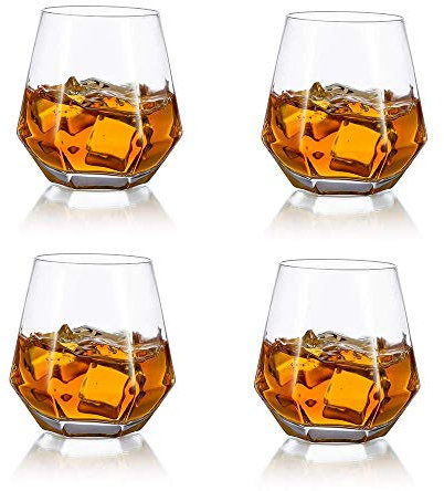 Glasseam Bicchieri da Whisky Diamond Set di 4 Bicchieri da Whisky Inclinati 300ml Bicchiere da Whisky Look Moderno per Uomo, Donna, papà, Marito, Amici, Bicchieri per Bourbon/Rum/Bar Tumbler
