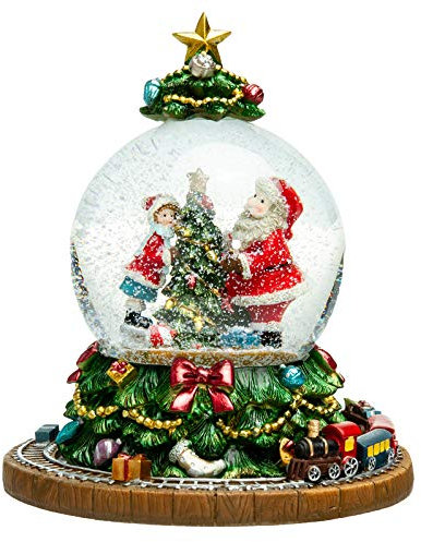 SIKORA SK18 Große Deko Glas Schneekugel Weihnachtsmann am Baum mit Stern und fahrendem Zug D:100mm und aufziehbarer Spieldose