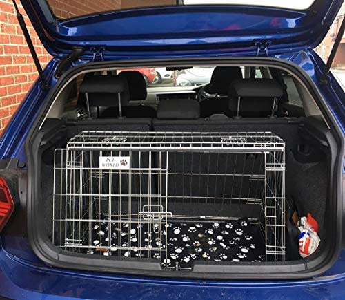 Pet World Small 32 Sloped Car Dog Crate – Compatible with VW Polo SE – UK Designed, Steel Travel Cage – Emergency Escape Hatch – Folds Flat – Free Comfort Mat – Easy Assembly