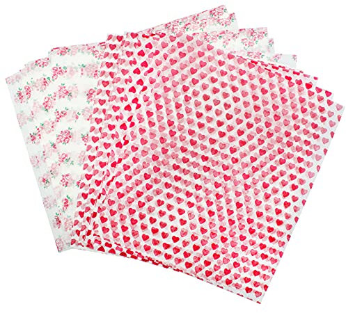 YunBey 100 Stück Lebensmitteln Wachspapier Checkered Deli Basket Liner Lebensmittelverpackung Rosen und Rote Herzmuster Burger Wrap Kuchenverpackungen Lebensmittel Papier für Sandwich (21 × 25cm)