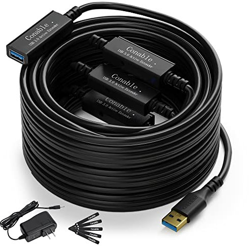 USB 3.0 Active Extension Cable 100 Feet, Long USB Type-A Male to Female Extender Cord, Built-in 3 Signal Booster Smart Chips, 5Gbps Transfer, Black USB Extension Cable with an AC Power Adapter (5V 2A)