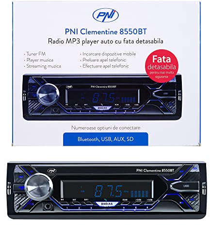 Lettore MP3 per auto PNI Clementine 8550BT, frontale staccabile, 4x45w, 12V, 1 DIN, con SD, USB, AUX, RCA