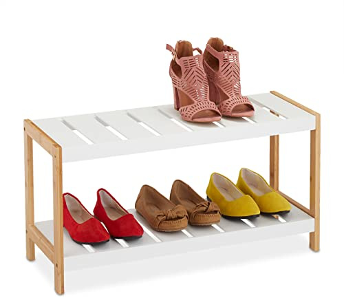 Relaxdays Schuhregal 2 Ebenen, für 6 Paar Schuhe, MDF Bambus | Schuhständer, offen, HBT: 36 x 70 x 26 cm, Weiß, Hellbraun