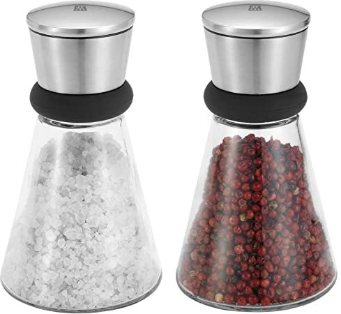 Zwilling Table Salz und Pfeffermühle 2er Set, mit Deckel, Gewürzmühle Edelstahl gebürstet, Glas Salzmühle Keramikmahlwerk