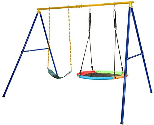 GYMAX Set di Altalene Doppio da Giardino, Supporto Metallico di Altalena, Altalena in Tela Rotonda e Altalena in EVA Inclusi, Portata di 150+150 kg, Ideale per Nido, Parco, Cortile