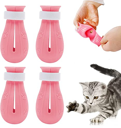 Kattstövlar endast för katter, 4 st anti-repor kattfotskydd justerbara taggiga anti-off kattskor, silikon katt tass-skydd skydd skydd klo vård för katter bad grooming rakning och behandling (rosa)