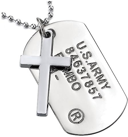COOLSTEELANDBEYOND Zwei Stücke Kreuz Dog Tag Militär Anhänger Halskette für Herren, Silber, 69cm Kugelkette