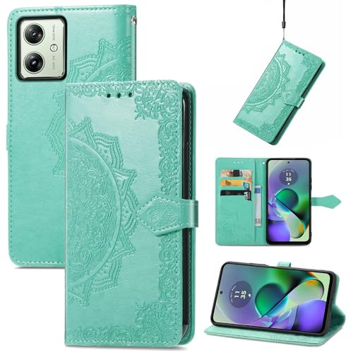 Fertuo Funda para Motorola Moto G54, Carcasa Libro con Tapa de Cuero Piel con Ranuras de Tarjeta, Soporte, Cierre Magnético [Mandala] Wallet Case Flip Cover para Motorola Moto G54, Verde