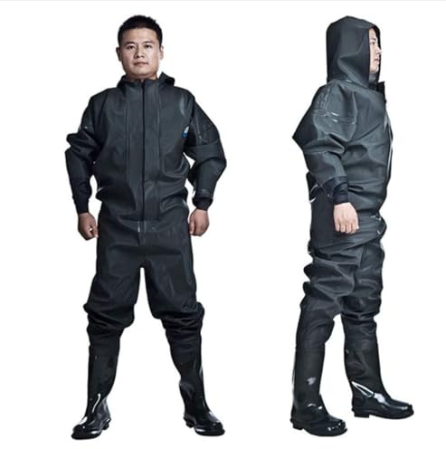 HWBZSZY Pantaloni Pesca Trampolieri A Corpo Intero Con Cappuccio Impermeabile, Stivali Trampolieri Esterni Pantaloni Pesca Stivali Gomma Antiscivolo PVC/Nylon Pantaloni Laghetto Per Uomo,Nero,44 EU
