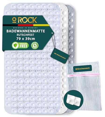 o ROCK Badewannenmatte Grün, 79 x 39cm - Badematte rutschfest mit 2 Selbstklebende Haken zum Aufhängen – Duschmatte mit Abflusslöchern – BPA-, & Latexfrei Antirutschmatte für Badewanne (Transparent)