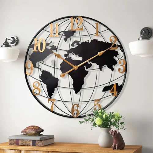 KEQAM Large World Map Wall Clock,Metal Minimalist Modern Clock,Round Silent Non-Ticking Battery Operated Wall Clocks for Living Room/Home/Kitchen/Bedroom/Office/Farmhouse Decor (30 Inch)