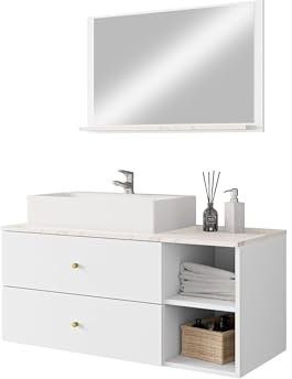 Mirjan24 Badmöbel Set Kormen I mit Waschbecken und Siphon, 2 offenen Fächern, 2 Schubladen, Oberplatte - Marmor-Optik, Badezimmer Komplett (Weiß + Marmor Bianco)