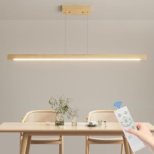Mikeru Lineare Pendelleuchte Kücheninsel Pendelleuchte In Original Holz Farbe, 100CM Modernes Billardtisch Insel Licht Küche Esszimmer Dimmbares Holz Licht Aufgehängt 150cm Höhe Verstellbar