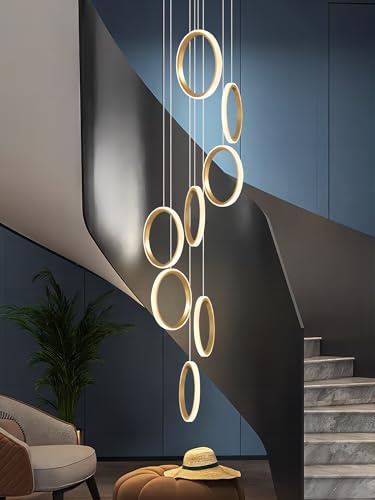 RuiRfh Kronleuchter moderne LED Villa Treppe große Pendelleuchte goldene dimmbare hohe Decke Hängelampe mit Fernbedienung geeignet für Foyer Hotel Wohnzimmer Aluminium 15 Ringbeleuchtung (Color : Whi