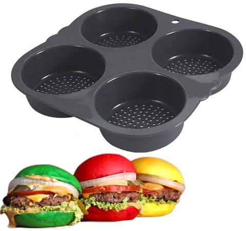 Holzsammlung Plaque à Buns pour Burgers en Silicone, 4 Cavités Moule à Muffins Pâtisserie Antiadhésif, Cuisson Réutilisables en Silicone Moule à Petits Pains pour Cupcakes, Brownies, Tartelettes