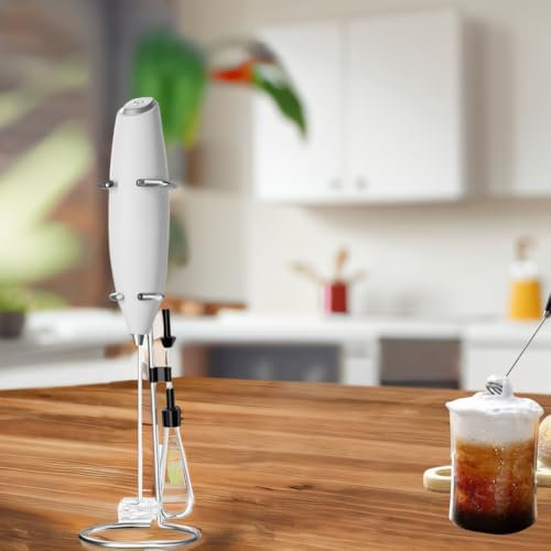 Elsebal Mousseur à Lait Électrique à Piles - Mousseur Lait avec support en acier inoxydable, 15-20s, puissant 19 000 tr/min, café pour latte, cappuccino, chocolat chaud,Blanc