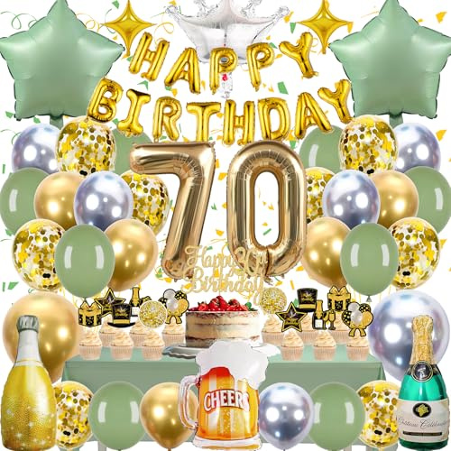 Zaztytoy 70 Geburtstag Deko Set für Mann & Frau – 55 Teile Komplettes Partyset in Gold & Grün, Elegante deko 70. geburtstag für Geburtstags Party, Jubiläum Party Deko, Feier
