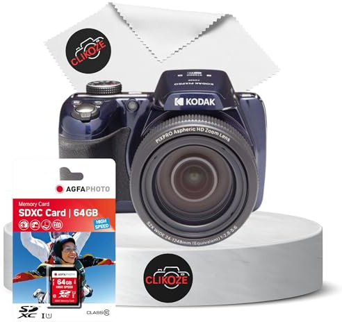 Clikoze Pacchetto fotocamera digitale – Include fotocamera digitale PixPro Midnight Blue AZ528, scheda SDXC da 64 GB e panno di pulizia Clikoze