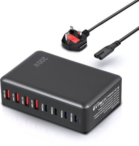 Black 200W 8-Port Desktop Charging Station with 4 USB-C and 4 USB-A Ports & 1.5m UK Extension Cord for Laptops and Mobile Phones